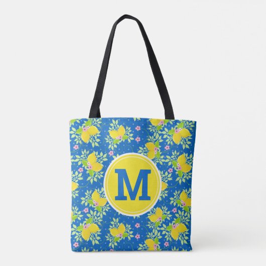 Summery Blue en Yellow Lemons Floral Pattern Tote Bag (Achterkant)