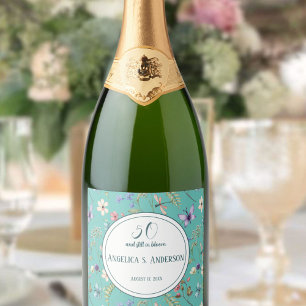 Summery Custom Licht Blauwgroen Wildflower patroon Sparkling Wijnetiket