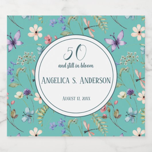 Summery Custom Licht Blauwgroen Wildflower patroon Sparkling Wijnetiket (Enkel label)