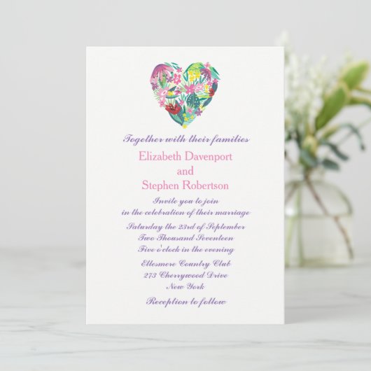 Summery Floral Heart in roze en groene bruiloft Kaart (Staand voorkant)