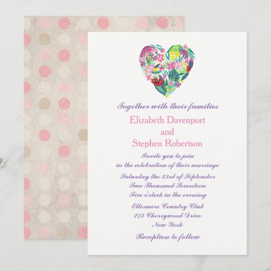 Summery Floral Heart in roze en groene bruiloft Kaart (Voorkant / Achterkant)