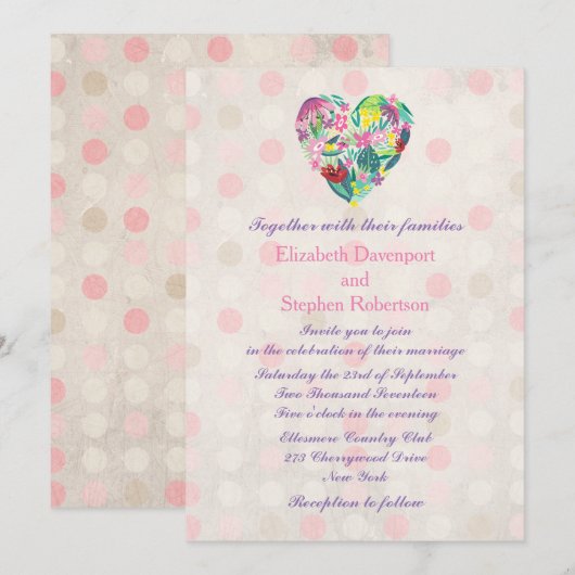 Summery Floral Heart in roze en groene bruiloft Kaart (Voorkant / Achterkant)