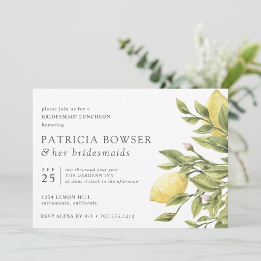 Summery lemons en bladeren Bridesmaid Luncheon Kaart (Staand voorkant)