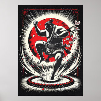 Sumoworstelaar in Rode Maan, Japanse Anime Kunst Poster