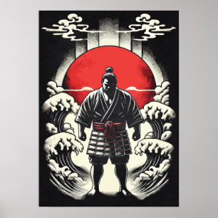 Sumoworstelaar in rode maan, Japanse anime-tatoeag Poster