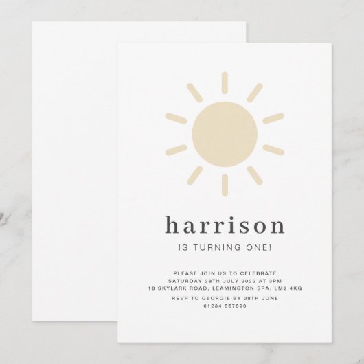 Sun 1st Birthday Invitation Kaart (Voorkant / Achterkant)