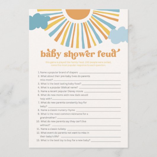 Sun Baby shower Feud Game Kaart (Voorkant)