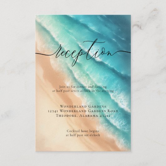 Sun Beach Ocean Blue Bruiloft Receptie Details Informatiekaartje (Voorkant)