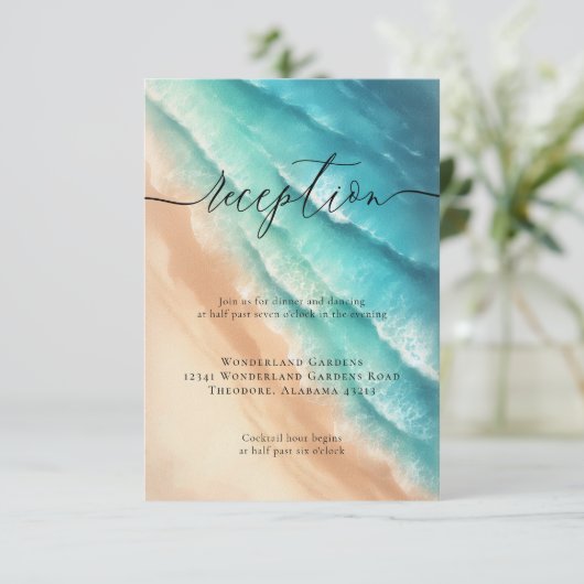 Sun Beach Ocean Blue Bruiloft Receptie Details Informatiekaartje (Staand voorkant)