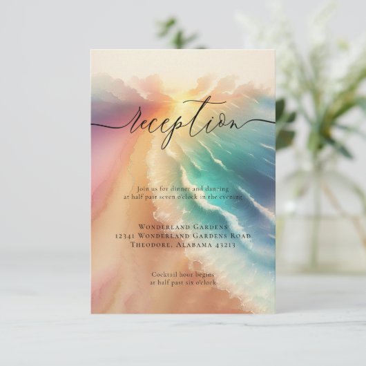 Sun Beach Ocean Roze Bruiloft Receptie Details Informatiekaartje (Staand voorkant)