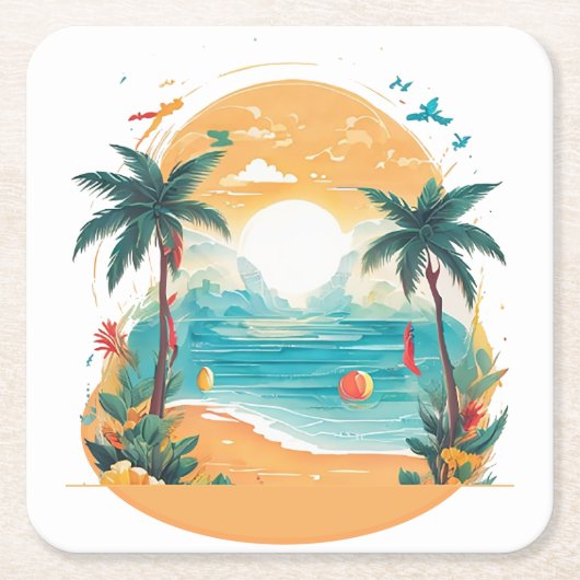 Sun Beach palmboom Kartonnen Onderzetters (Voorkant)
