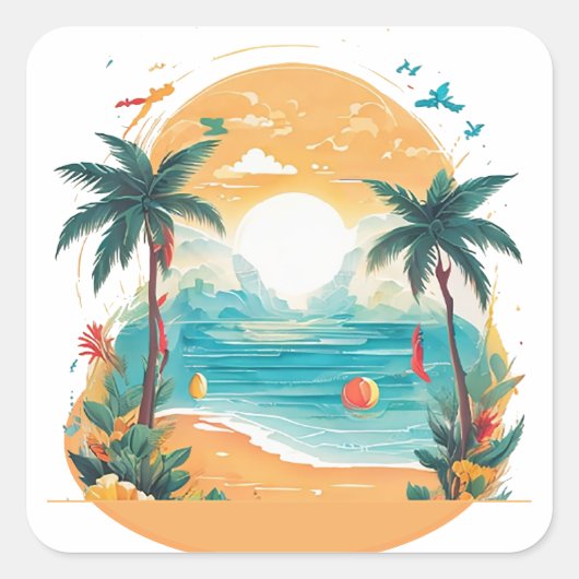 Sun Beach palmboom Vierkante Sticker (Voorkant)