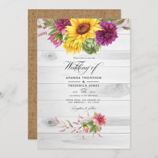 Sun & Burgundy Floral QR-code RSVP Rustic Wedding Kaart (Voorkant / Achterkant)