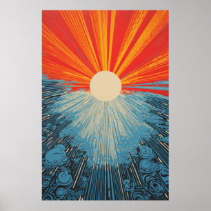 Sun Closeup Water Mozaïek - Linocut Print Poster