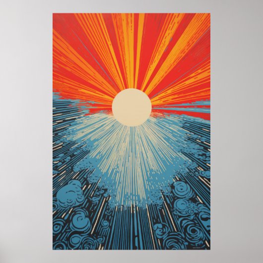 Sun Closeup Water Mozaïek - Linocut Print Poster (Voorkant)