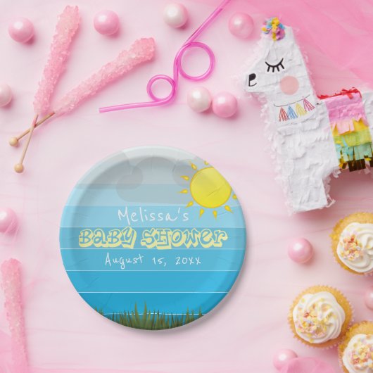 Sun Clouds en Grass op Blue Stripes Baby shower Papieren Bordje (Feest)