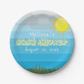 Sun Clouds en Grass op Blue Stripes Baby shower Papieren Bordje (Voorkant)
