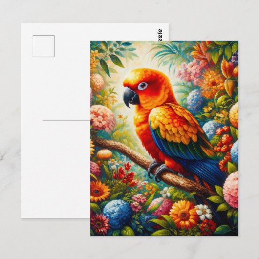 Sun Conure Parrot met kleurrijke bloemen Briefkaart (Voorkant / Achterkant)