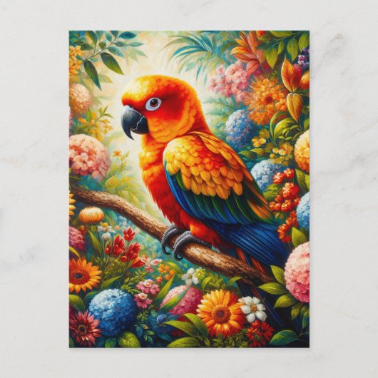Sun Conure Parrot met kleurrijke bloemen Briefkaart (Voorkant)