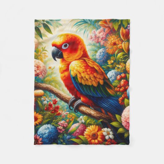 Sun Conure Parrot met kleurrijke bloemen Fleece Deken (Voorkant)