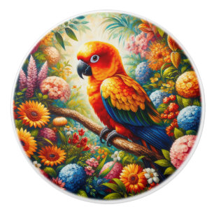 Sun Conure Parrot met kleurrijke bloemen Keramische Knop