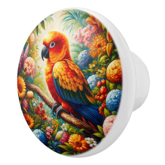 Sun Conure Parrot met kleurrijke bloemen Keramische Knop (Rechts)
