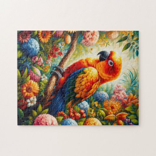 Sun Conure Parrot met kleurrijke bloemen Legpuzzel (Horizontaal)