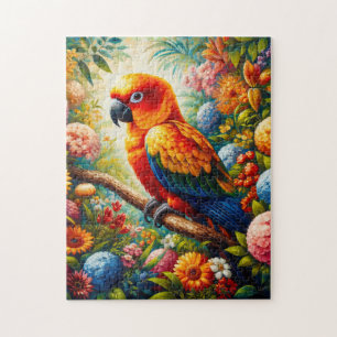 Sun Conure Parrot met kleurrijke bloemen Legpuzzel