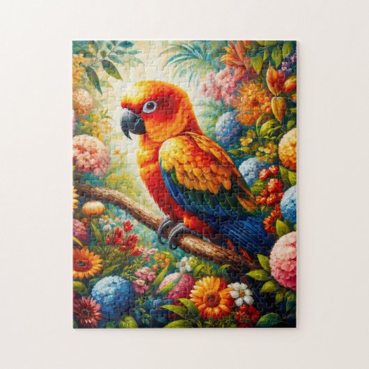 Sun Conure Parrot met kleurrijke bloemen Legpuzzel (Verticaal)