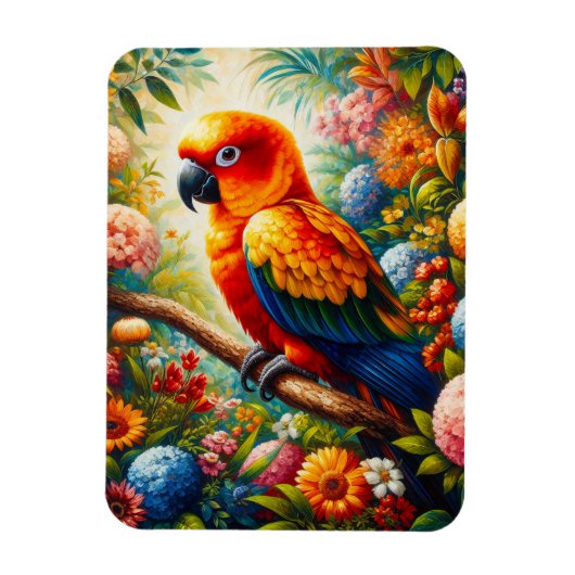 Sun Conure Parrot met kleurrijke bloemen Magneet (Verticaal)
