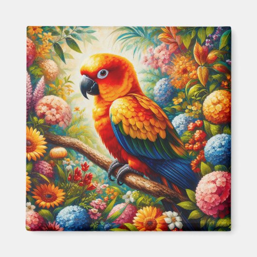 Sun Conure Parrot met kleurrijke bloemen Magneet (Voorkant)