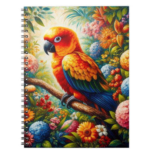 Sun Conure Parrot met kleurrijke bloemen Notitieboek (Voorkant)