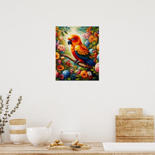 Sun Conure Parrot met kleurrijke bloemen Poster (Keuken)