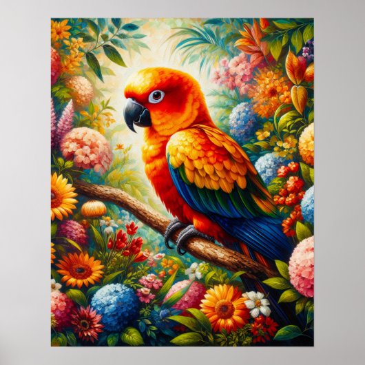 Sun Conure Parrot met kleurrijke bloemen Poster (Voorkant)