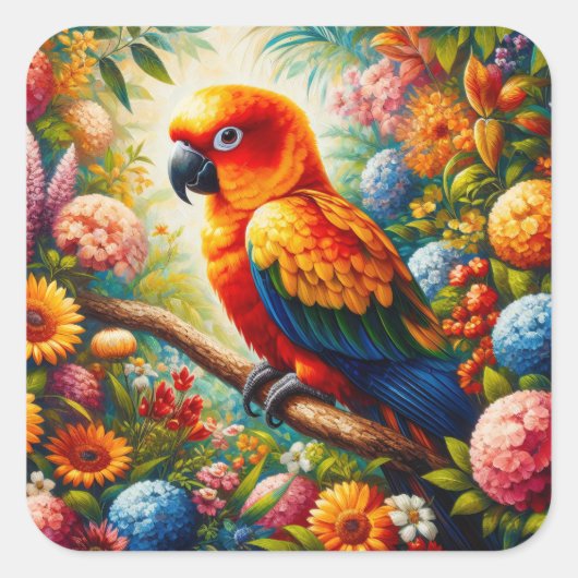 Sun Conure Parrot met kleurrijke bloemen Vierkante Sticker (Voorkant)