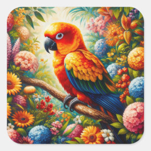 Sun Conure Parrot met kleurrijke bloemen Vierkante Sticker