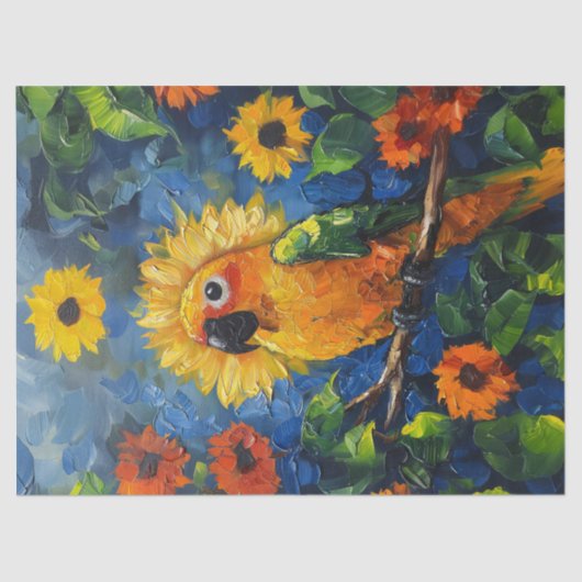 Sun Conure Parrot Olieverfschilderij Bloemen Decou Tissuepapier (Voorkant)