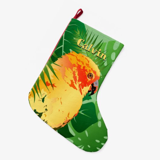 Sun Conure Parrot Pop Art Groene Tropische Bladere Grote Kerstsok (Voorkant (Hangend))