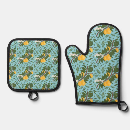 Sun-Drenched Lemons Sky Blue | Kitchen Ovenwant & Pannenlap Set (Voorkant)