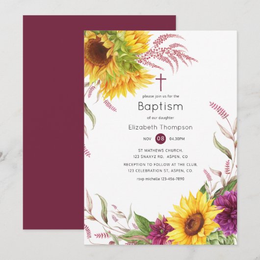 Sun en Burgundy Plum Floral Baptisme Kaart (Voorkant / Achterkant)