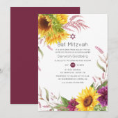 Sun en Burgundy Plum Floral Bat Mitzvah Kaart (Voorkant / Achterkant)