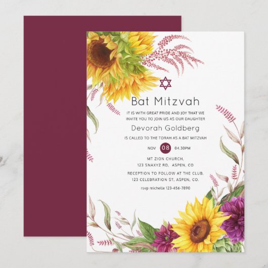 Sun en Burgundy Plum Floral Bat Mitzvah Kaart (Voorkant / Achterkant)
