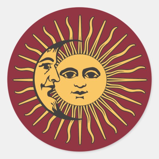 Sun en Moon Face Bohemian  gold & red Ronde Sticker (Voorkant)