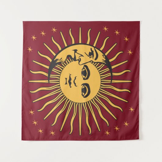 Sun en Moon Face Bohemian gold & red Wandkleed (Voorkant (horizontaal))