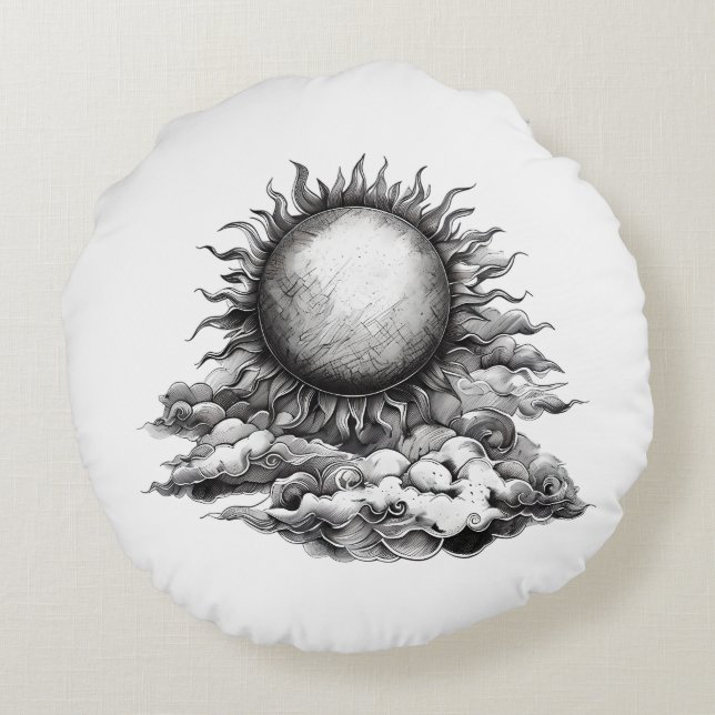 Sun en Moon Pencil Sketch Style Rond Kussen (Achterkant)