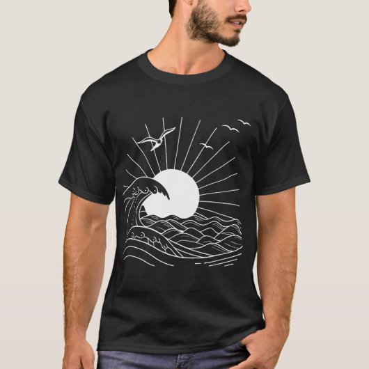 Sun en Ocean Waves Line Art T-shirt (Voorkant)