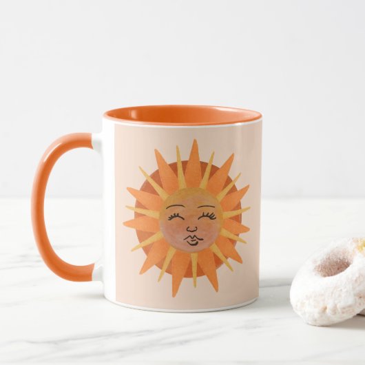 Sun Face Oranje Waterverf Illustratie Mok (Met donut)
