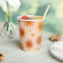 Sun Face Oranje Waterverf Illustratie Papieren Bekers