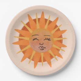 Sun Face Oranje Waterverf Illustratie Papieren Bordje