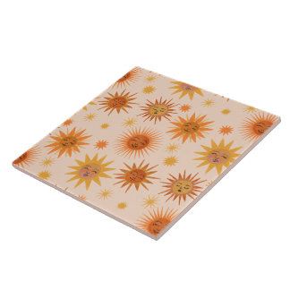 Sun Face Oranje Waterverf Illustratie Tegeltje